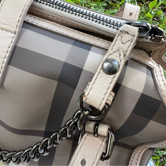 Authentic Burberry Smoked Check Satchel Beige Grey And Leather Bartow Bowler Bag - Picture 12 of 15